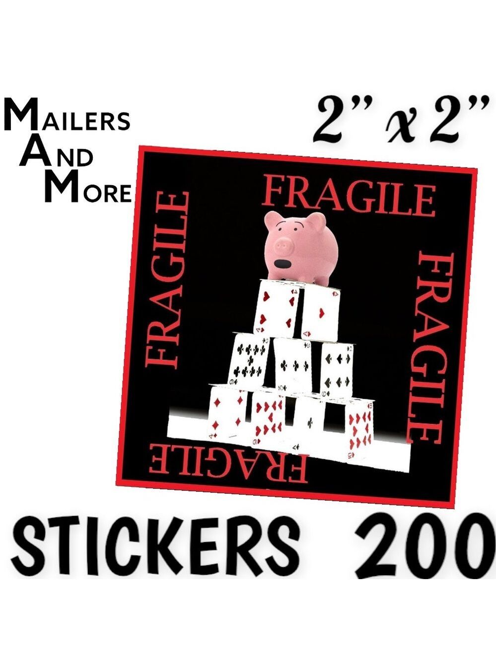 200 FRAGILE Stickers, Pig & Cards, High Gloss, Square, PRICE IS FIRM